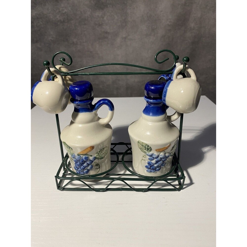 Vintage Italian Calabria Ceramic Cruet Set - Grapes & Map, 4 Mini Mugs & Rack